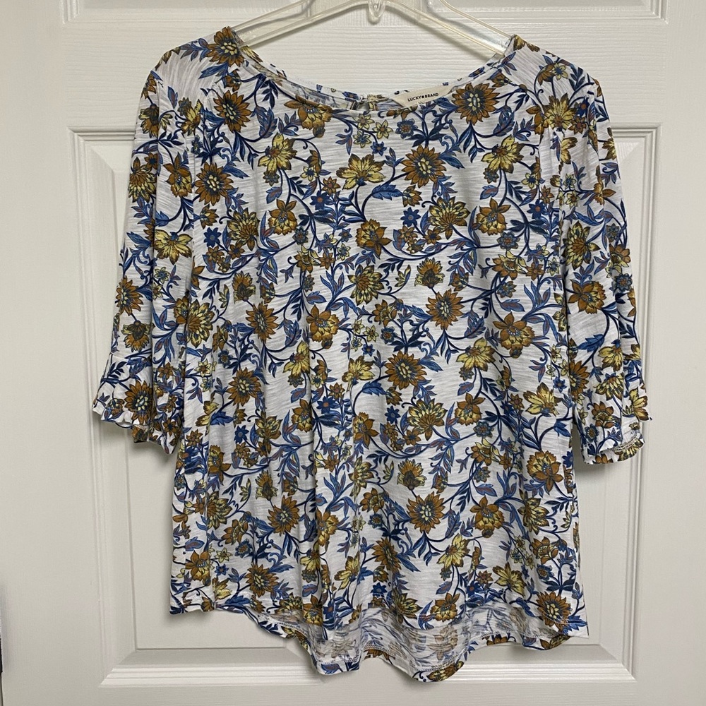 Lucky Brand White Floral Print Blouse with Blue and Mustard